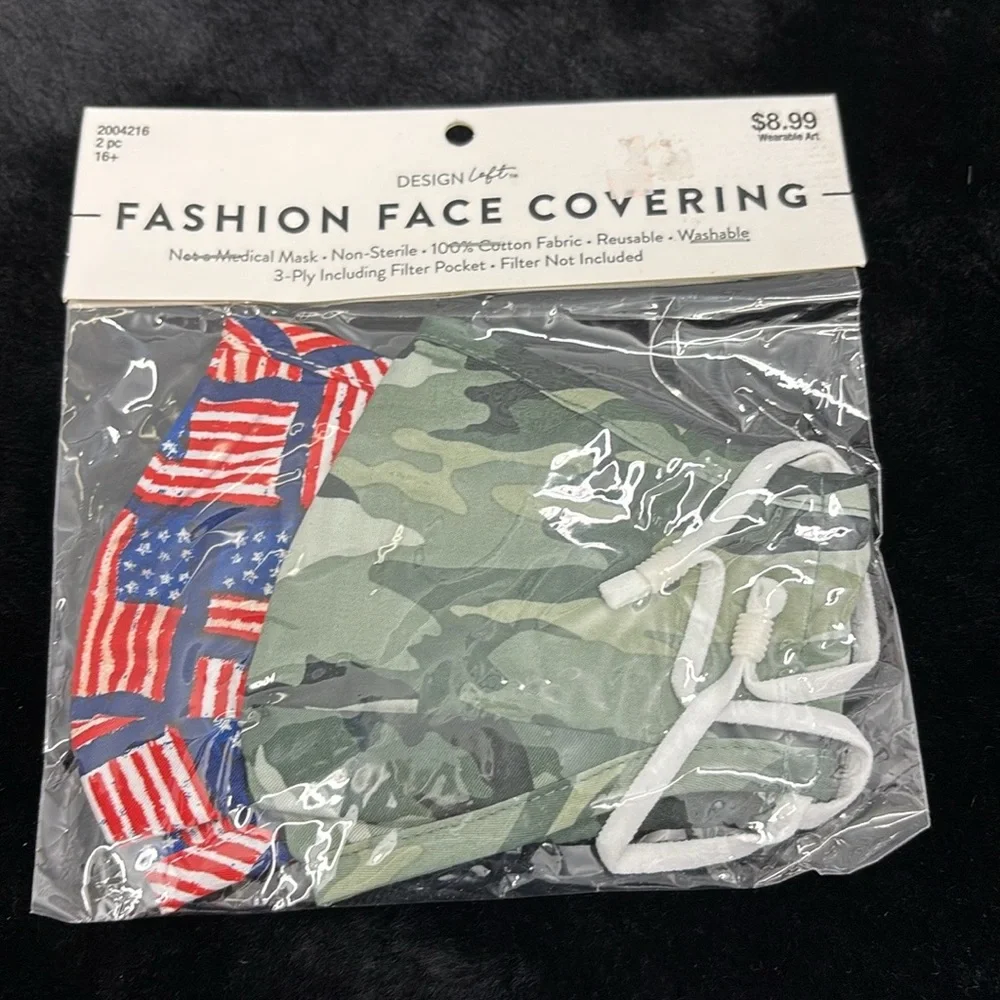 NWT Fashion Design Loft Camouflage & Flag Fabric Face Coverings Masks Washable